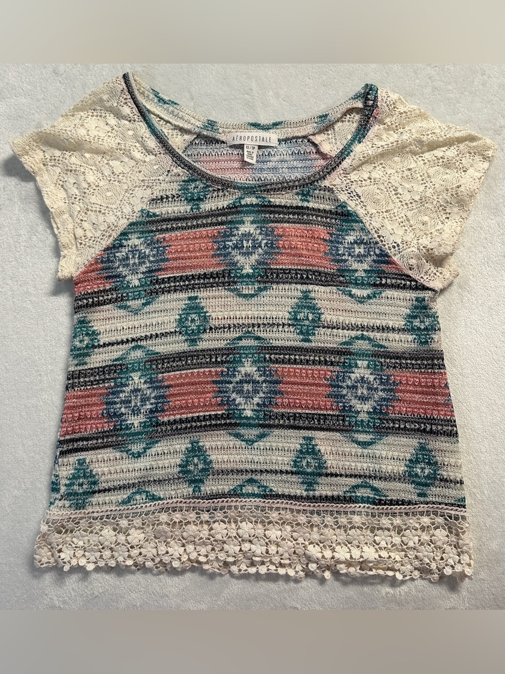Y2K AEROPOSTALE women's cream turquoise boho mesh knit top, XS.